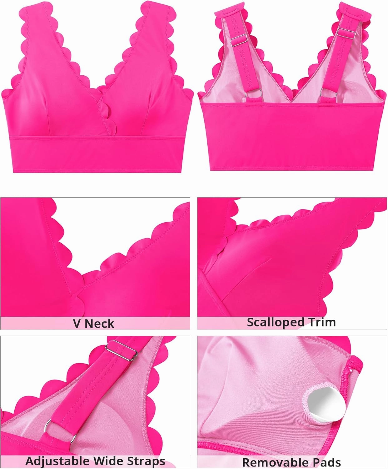 GRAPENT Bikini Tops for Women Scalloped Bathing Suit Beach Padded Adjustable Cropped Tankini Swimwear Swim Top Only