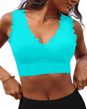 GRAPENT Bikini Tops for Women Scalloped Bathing Suit Beach Padded Adjustable Cropped Tankini Swimwear Swim Top Only