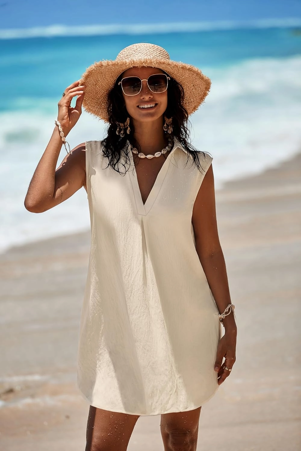 Halife Womens Sleeveless Swimsuit Coverup V Neck Bathing Suit Cover Ups Summer Swimwear Bikini Beach Cover Up Dress