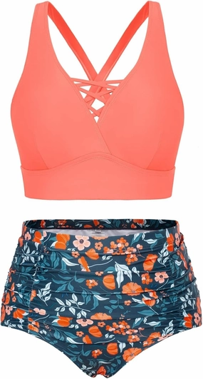 Hanna Nikole Bikini Sets for Women Plus Size Front Strappy Two Piece Bathing Suits High Waist Tummy Control Swimsuit