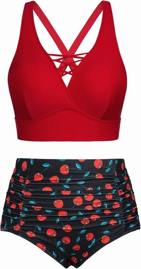 Hanna Nikole Bikini Sets for Women Plus Size Front Strappy Two Piece Bathing Suits High Waist Tummy Control Swimsuit