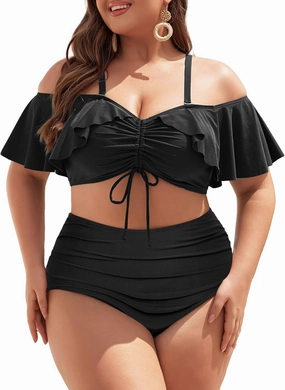 Hanna Nikole Plus-Size-Bikini Curvy Women Ruffle Drawstring Swimsuit 2 Piece Bathing Suit Ruched High Waisted Beach Vacation