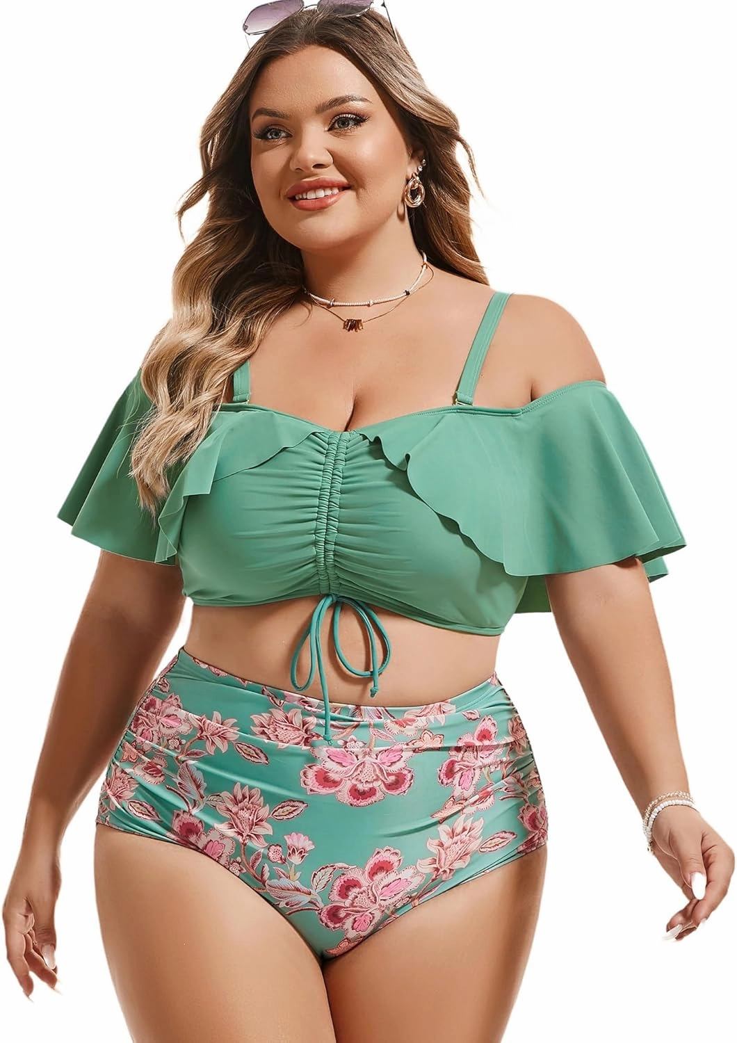 Hanna Nikole Plus-Size-Bikini Curvy Women Ruffle Drawstring Swimsuit 2 Piece Bathing Suit Ruched High Waisted Beach Vacation