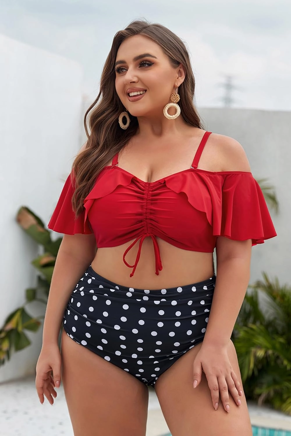 Hanna Nikole Plus-Size-Bikini Curvy Women Ruffle Drawstring Swimsuit 2 Piece Bathing Suit Ruched High Waisted Beach Vacation