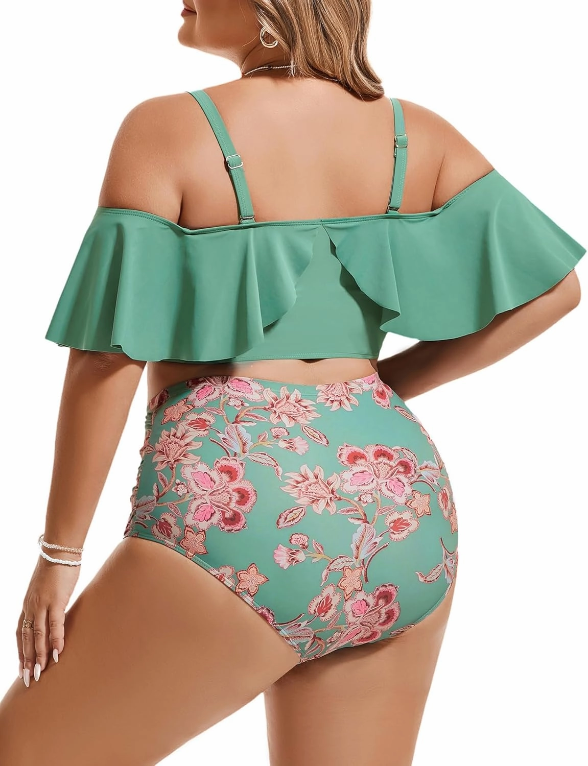 Hanna Nikole Plus-Size-Bikini Curvy Women Ruffle Drawstring Swimsuit 2 Piece Bathing Suit Ruched High Waisted Beach Vacation