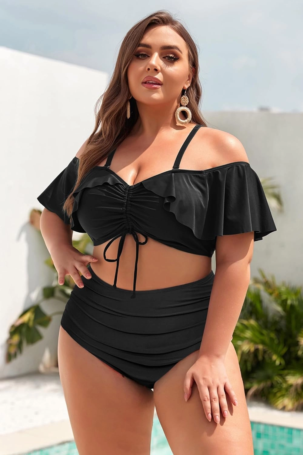 Hanna Nikole Plus-Size-Bikini Curvy Women Ruffle Drawstring Swimsuit 2 Piece Bathing Suit Ruched High Waisted Beach Vacation