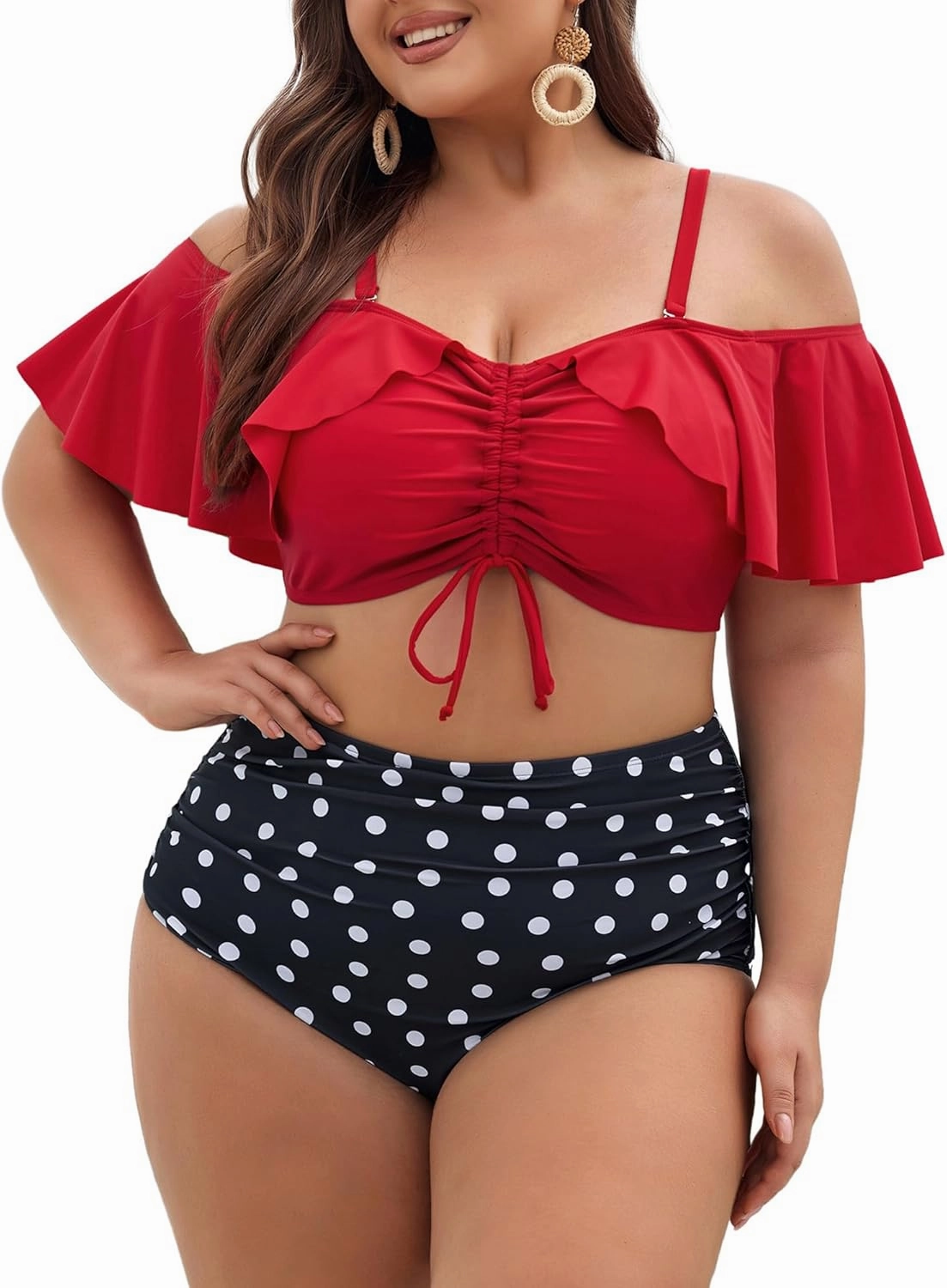 Hanna Nikole Plus-Size-Bikini Curvy Women Ruffle Drawstring Swimsuit 2 Piece Bathing Suit Ruched High Waisted Beach Vacation