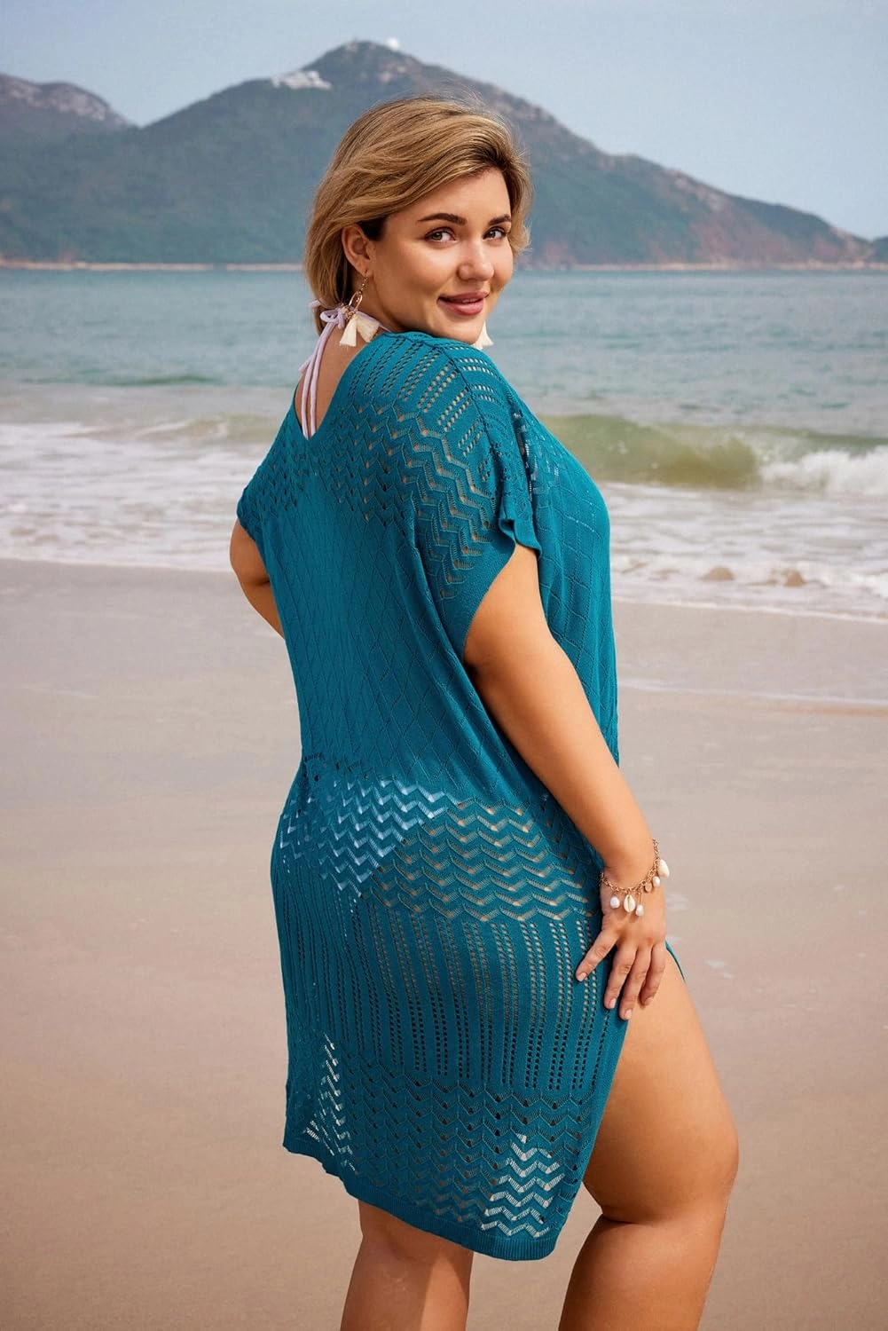 Hanna Nikole Plus Size Swimsuit Cover Up Women Split Hem Crochet Coverups Swimwear Cool Pullover Bathing Suit Cover Up Beach