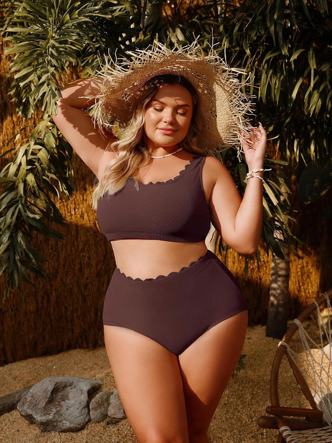 Hanna Nikole Women Plus Size High Waisted Bikini Swimsuits Ribbed Tummy Control Bikini Sets Scalloped Bathing Suits