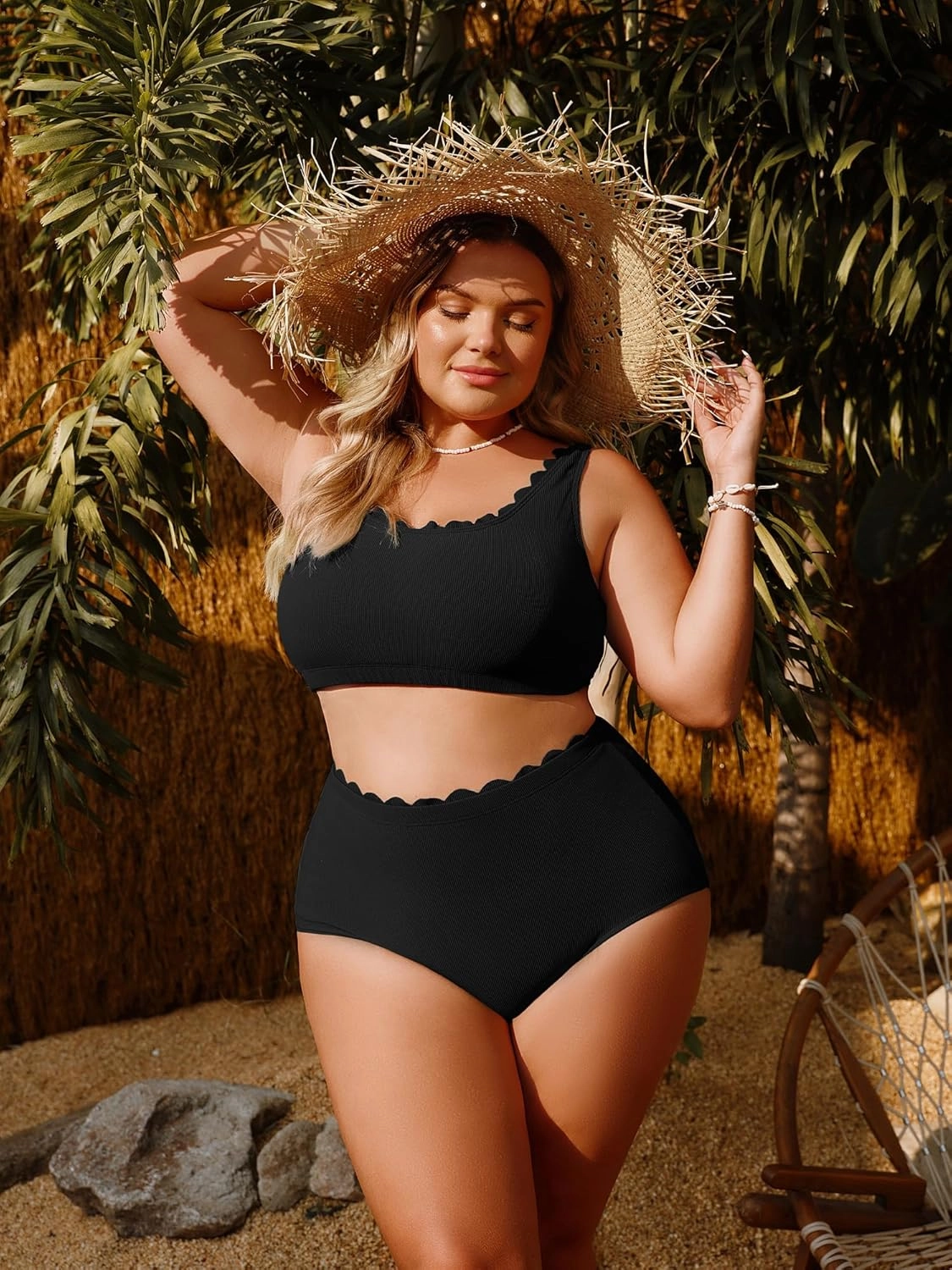 Hanna Nikole Women Plus Size High Waisted Bikini Swimsuits Ribbed Tummy Control Bikini Sets Scalloped Bathing Suits