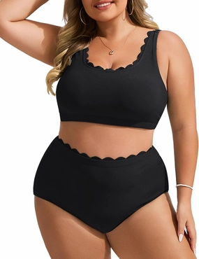 Hanna Nikole Women Plus Size High Waisted Bikini Swimsuits Ribbed Tummy Control Bikini Sets Scalloped Bathing Suits