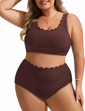 Hanna Nikole Women Plus Size High Waisted Bikini Swimsuits Ribbed Tummy Control Bikini Sets Scalloped Bathing Suits