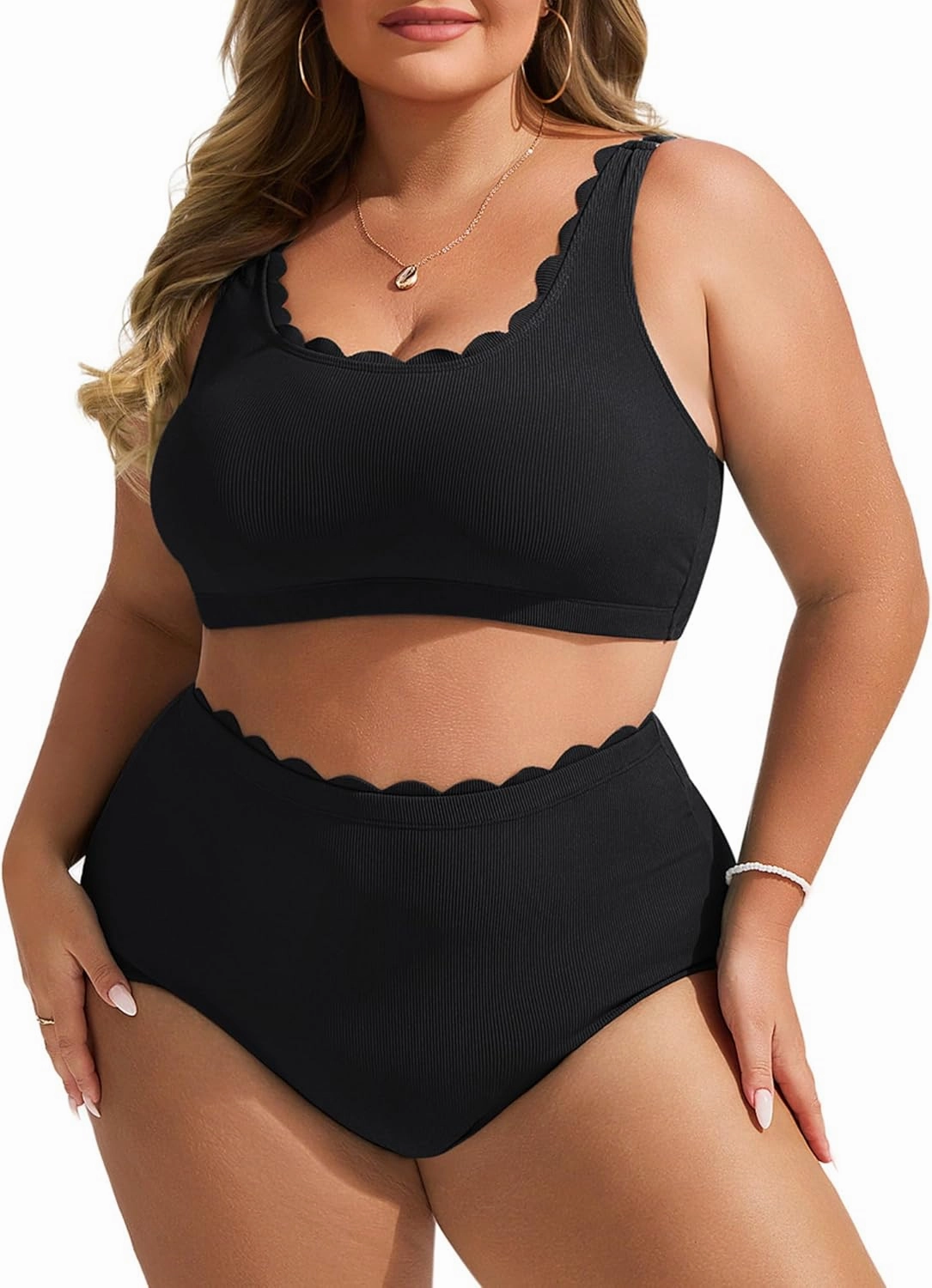 Hanna Nikole Women Plus Size High Waisted Bikini Swimsuits Ribbed Tummy Control Bikini Sets Scalloped Bathing Suits