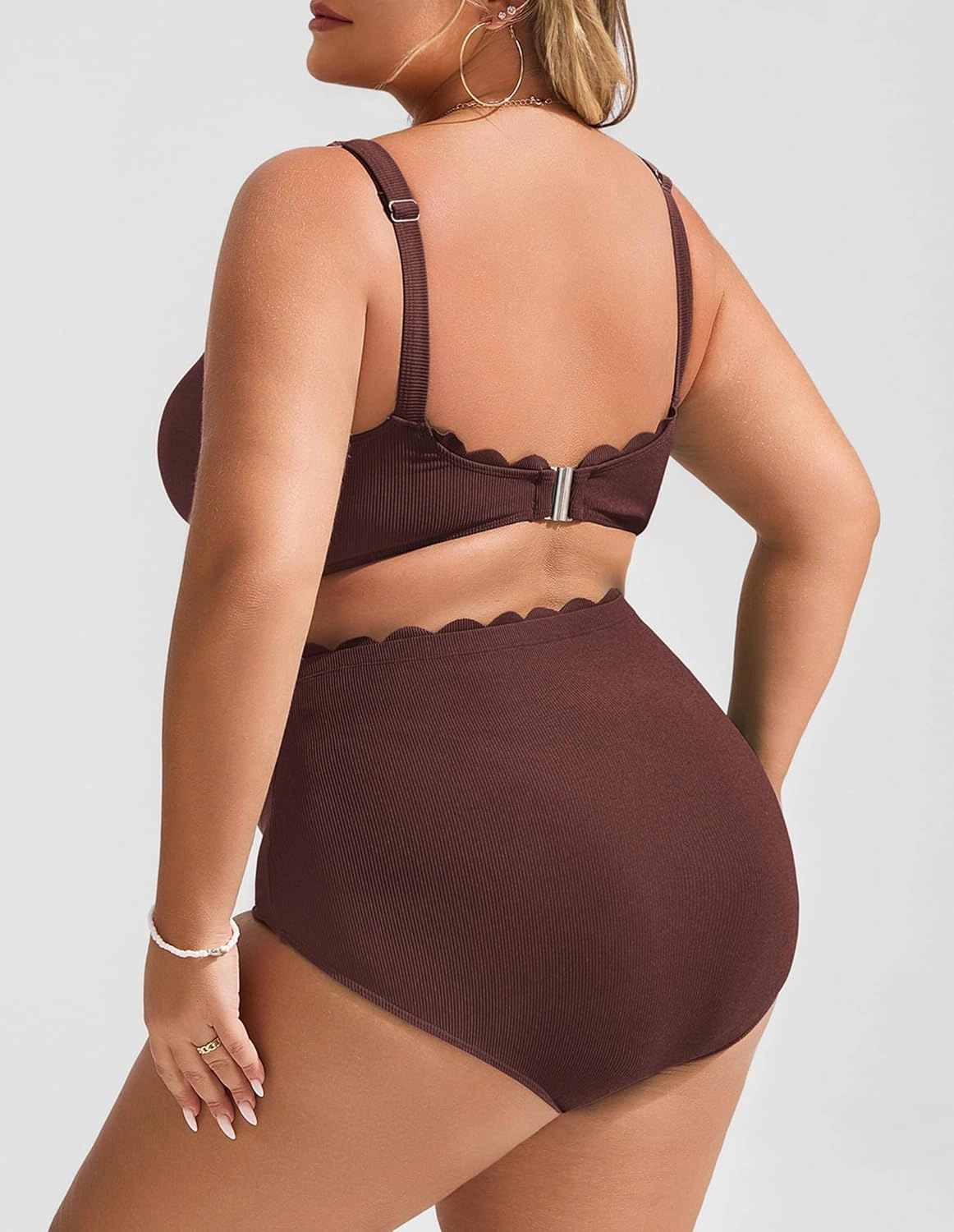 Hanna Nikole Women Plus Size High Waisted Bikini Swimsuits Ribbed Tummy Control Bikini Sets Scalloped Bathing Suits