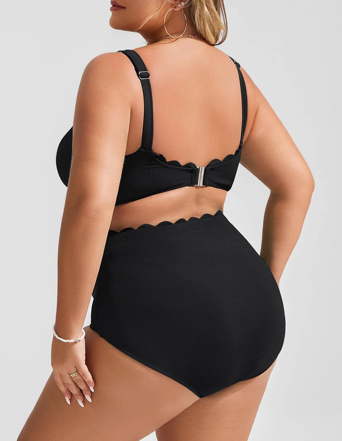 Hanna Nikole Women Plus Size High Waisted Bikini Swimsuits Ribbed Tummy Control Bikini Sets Scalloped Bathing Suits