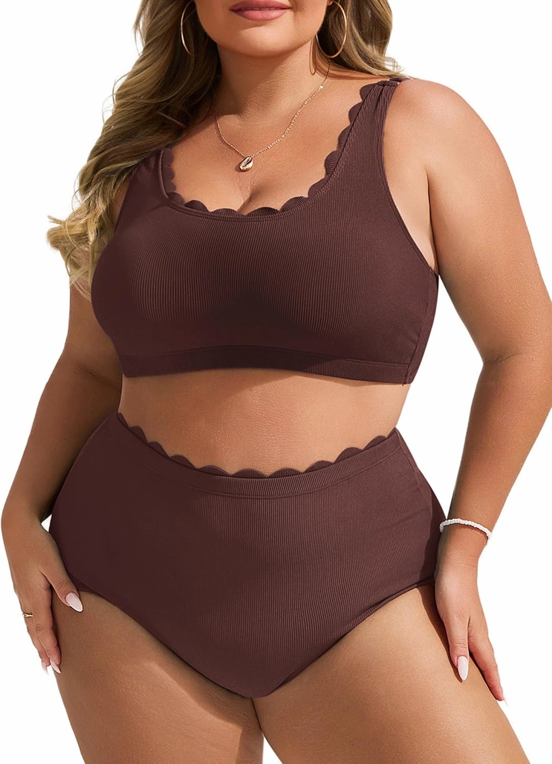 Hanna Nikole Women Plus Size High Waisted Bikini Swimsuits Ribbed Tummy Control Bikini Sets Scalloped Bathing Suits
