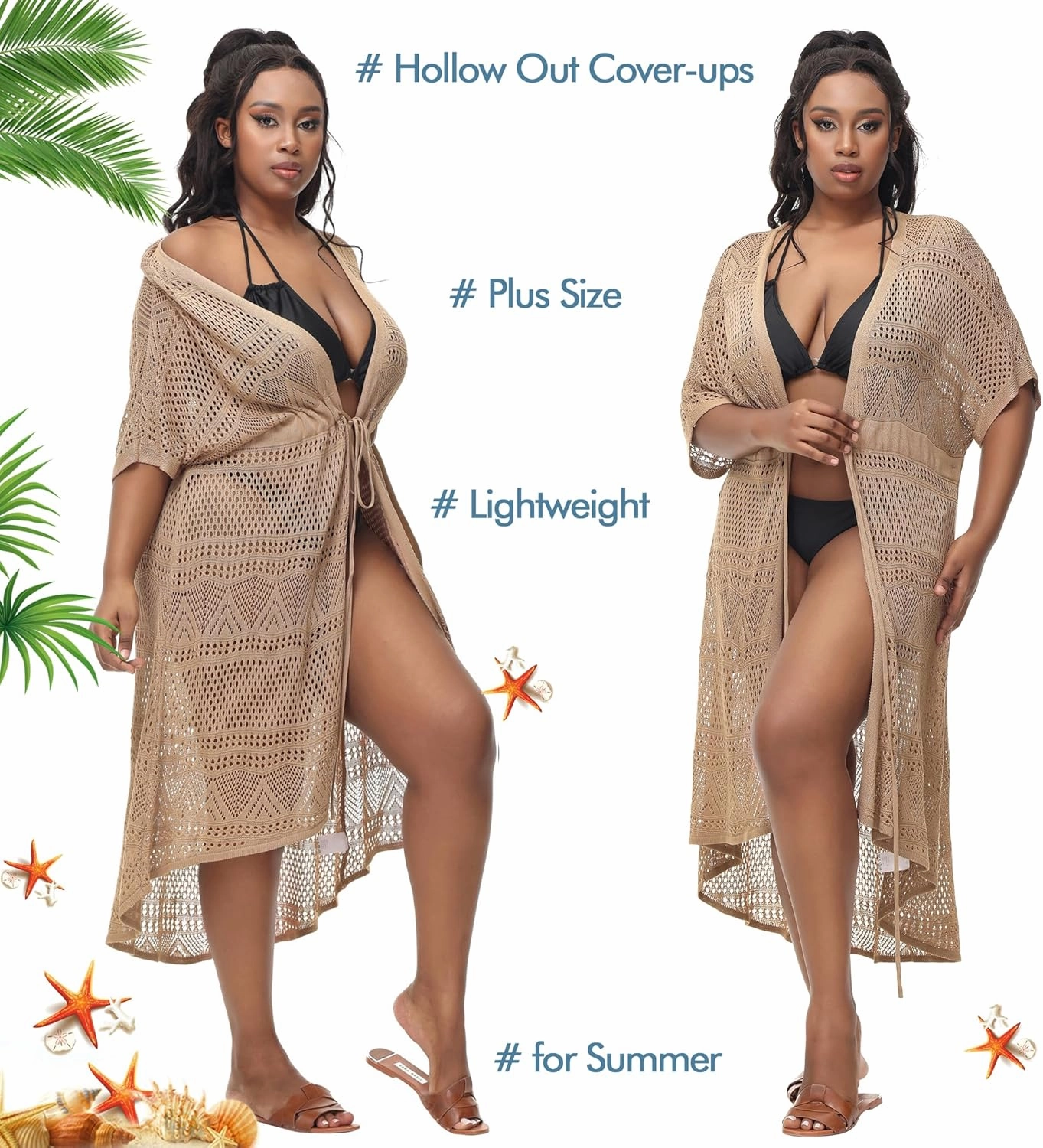 Hanna Nikole Women Plus Size Long Cover-ups for Swimwear Open Front Tie Beach Kimono Cardigan Flowy Beachwear