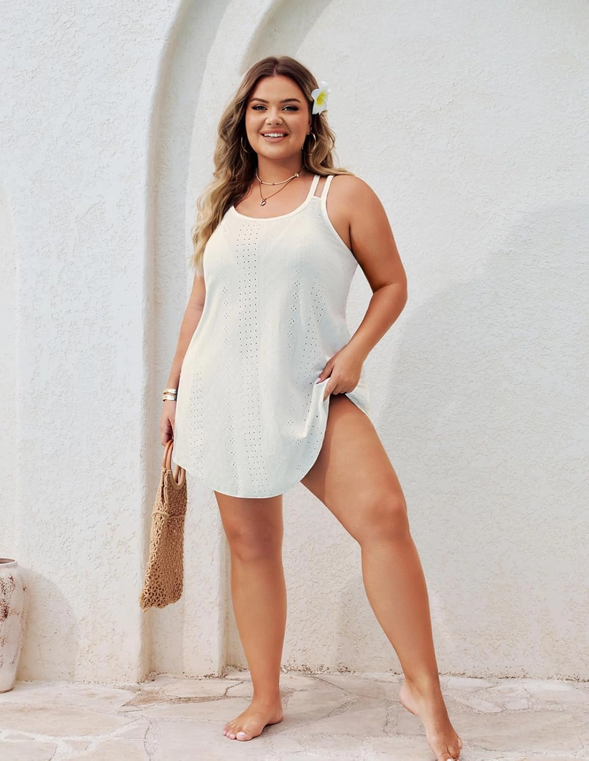 Hanna Nikole Women Plus Size Swimsuit Cover Up Hollow Out Swim Beach Coverups Spaghetti Strap Summer Dress with Pockets