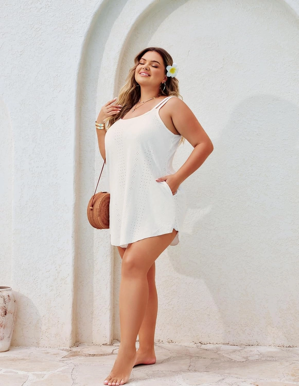 Hanna Nikole Women Plus Size Swimsuit Cover Up Hollow Out Swim Beach Coverups Spaghetti Strap Summer Dress with Pockets