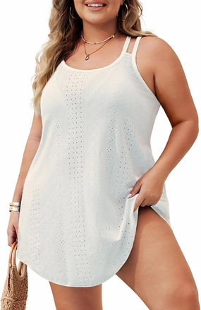 Hanna Nikole Women Plus Size Swimsuit Cover Up Hollow Out Swim Beach Coverups Spaghetti Strap Summer Dress with Pockets