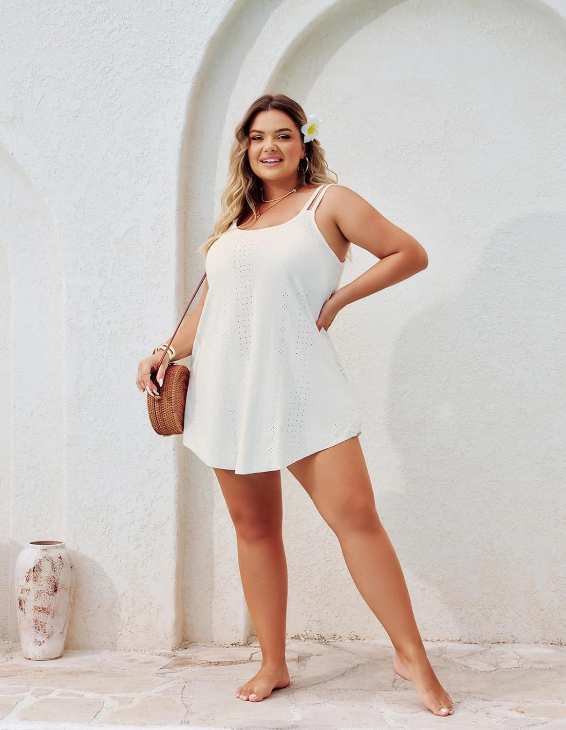 Hanna Nikole Women Plus Size Swimsuit Cover Up Hollow Out Swim Beach Coverups Spaghetti Strap Summer Dress with Pockets