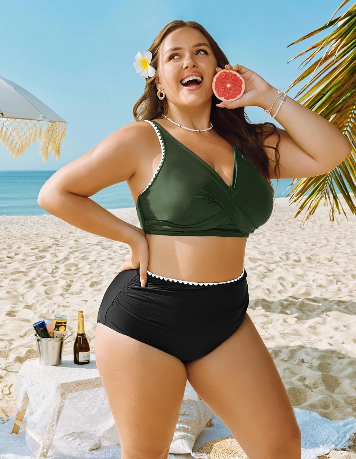 Hanna Nikole Women Two Piece Swimsuit High Waisted Bikini Sets Tummy Control Bathing Suit Plus Size Color Block Swimwear