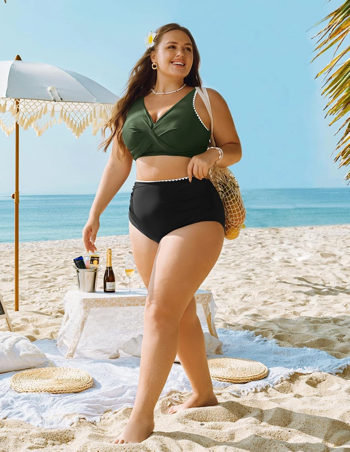 Hanna Nikole Women Two Piece Swimsuit High Waisted Bikini Sets Tummy Control Bathing Suit Plus Size Color Block Swimwear