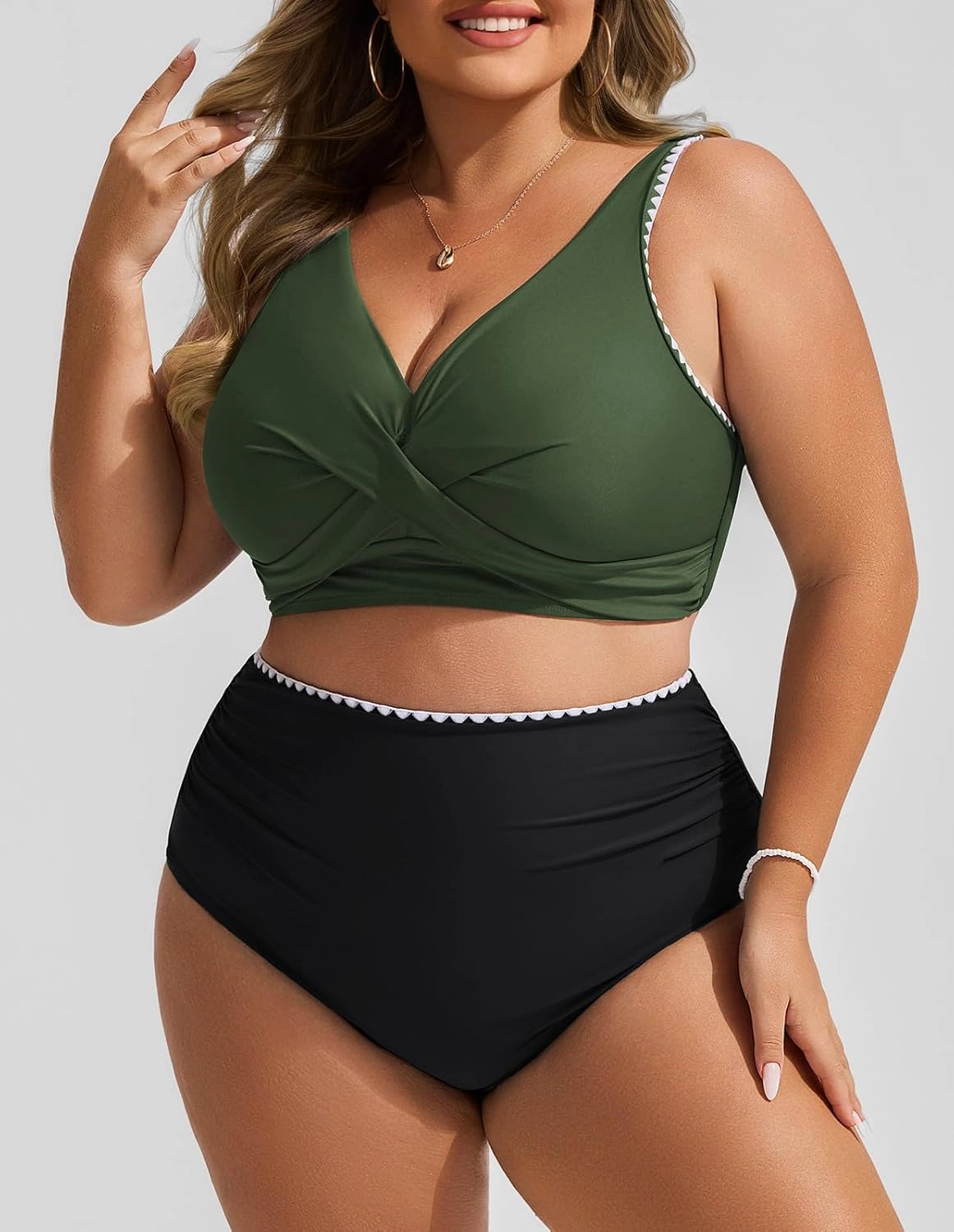 Hanna Nikole Women Two Piece Swimsuit High Waisted Bikini Sets Tummy Control Bathing Suit Plus Size Color Block Swimwear