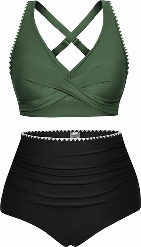 Hanna Nikole Women Two Piece Swimsuit High Waisted Bikini Sets Tummy Control Bathing Suit Plus Size Color Block Swimwear