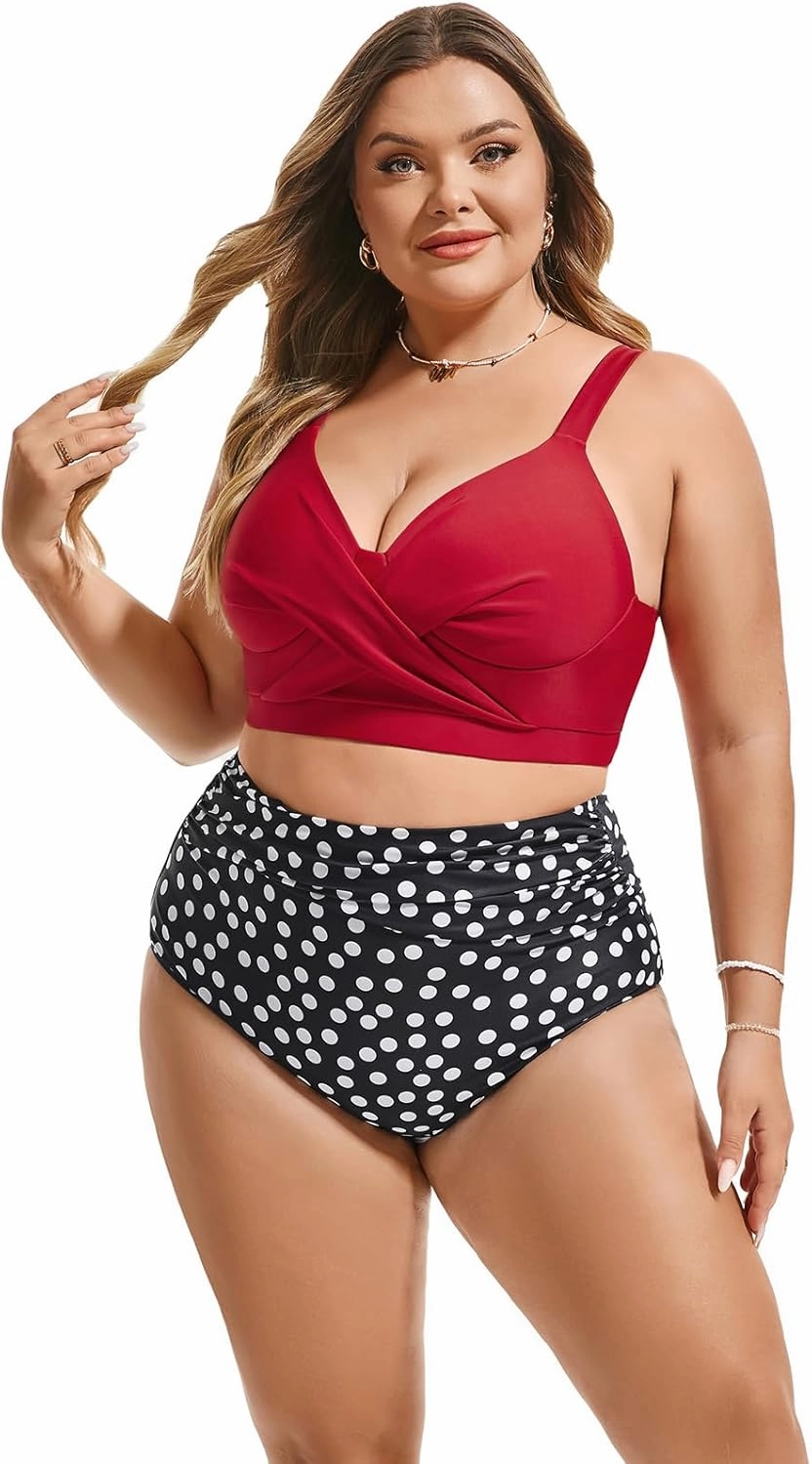 Hanna Nikole Womens Plus Size Bikini Set Two Piece High Waisted Swimsuits Tummy Control Bathing Suit Twist Front Swimwear