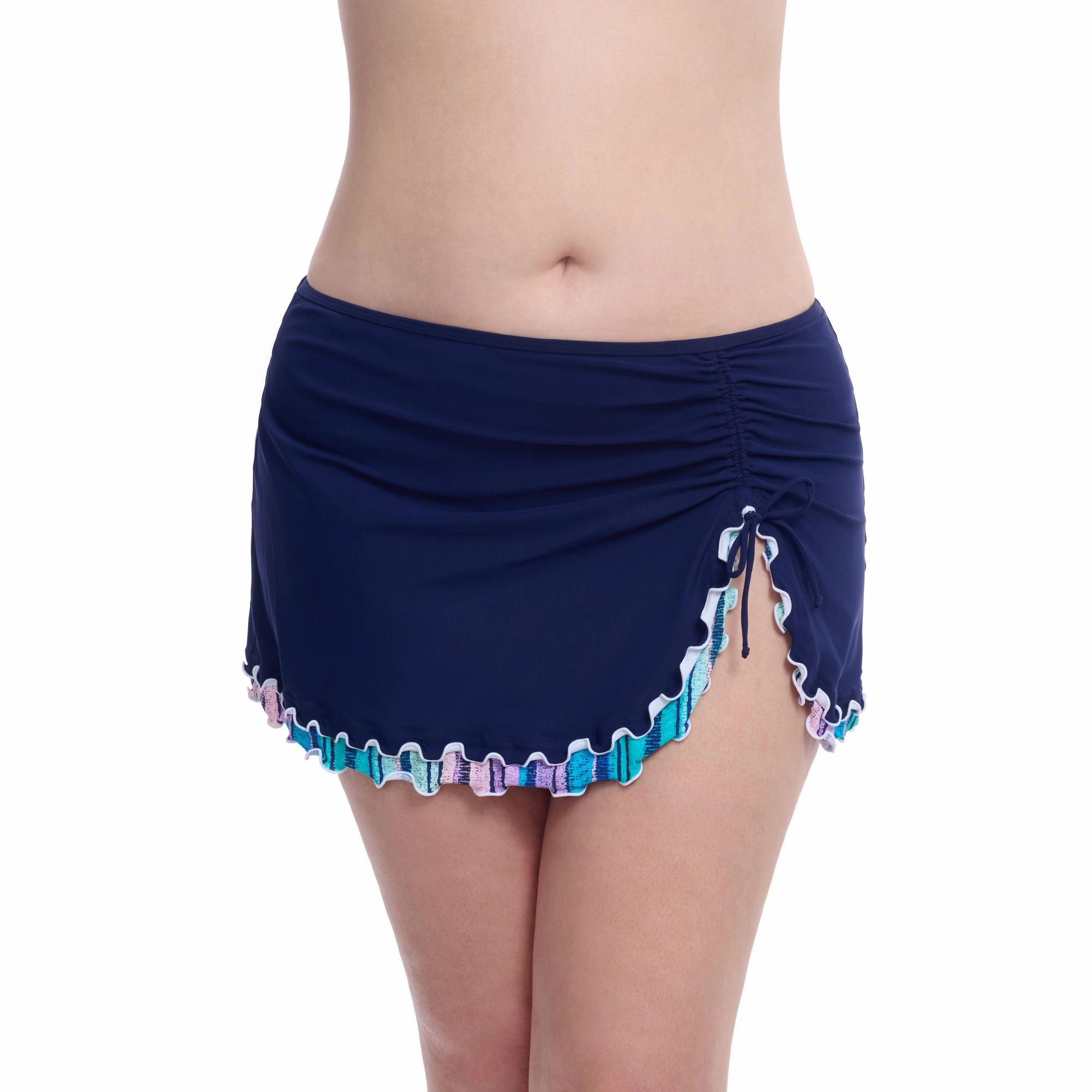 Harmony Full Figure Navy Ruffle Trim Womens Skirted Swim Bottom