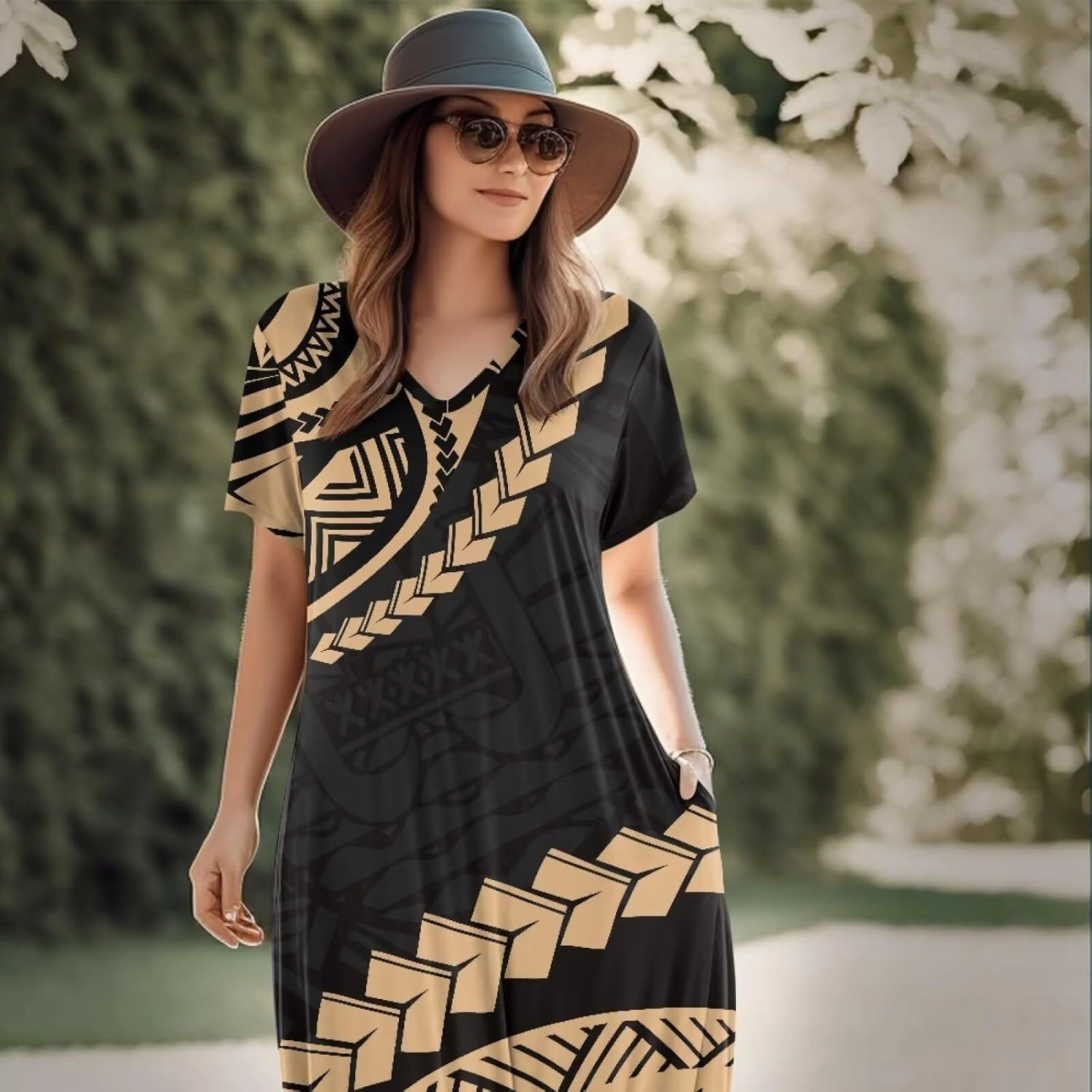 Hawaiian Mumu Dresses for Women with Pockets Short Sleeve Summer Dresses Boho Plus Size Dresses for Women