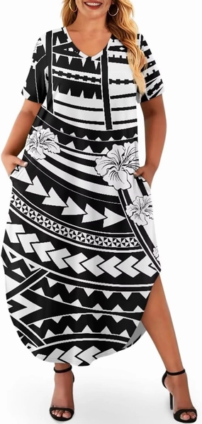 Hawaiian Mumu Dresses for Women with Pockets Short Sleeve Summer Dresses Boho Plus Size Dresses for Women