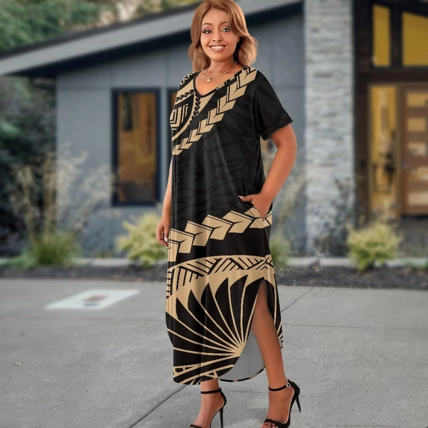 Hawaiian Mumu Dresses for Women with Pockets Short Sleeve Summer Dresses Boho Plus Size Dresses for Women
