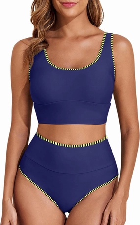 Herseas 2 Piece Bikini Set for Women Color Block 2025 Sporty Longline Swim Top with High Waisted Swimsuit Bottom