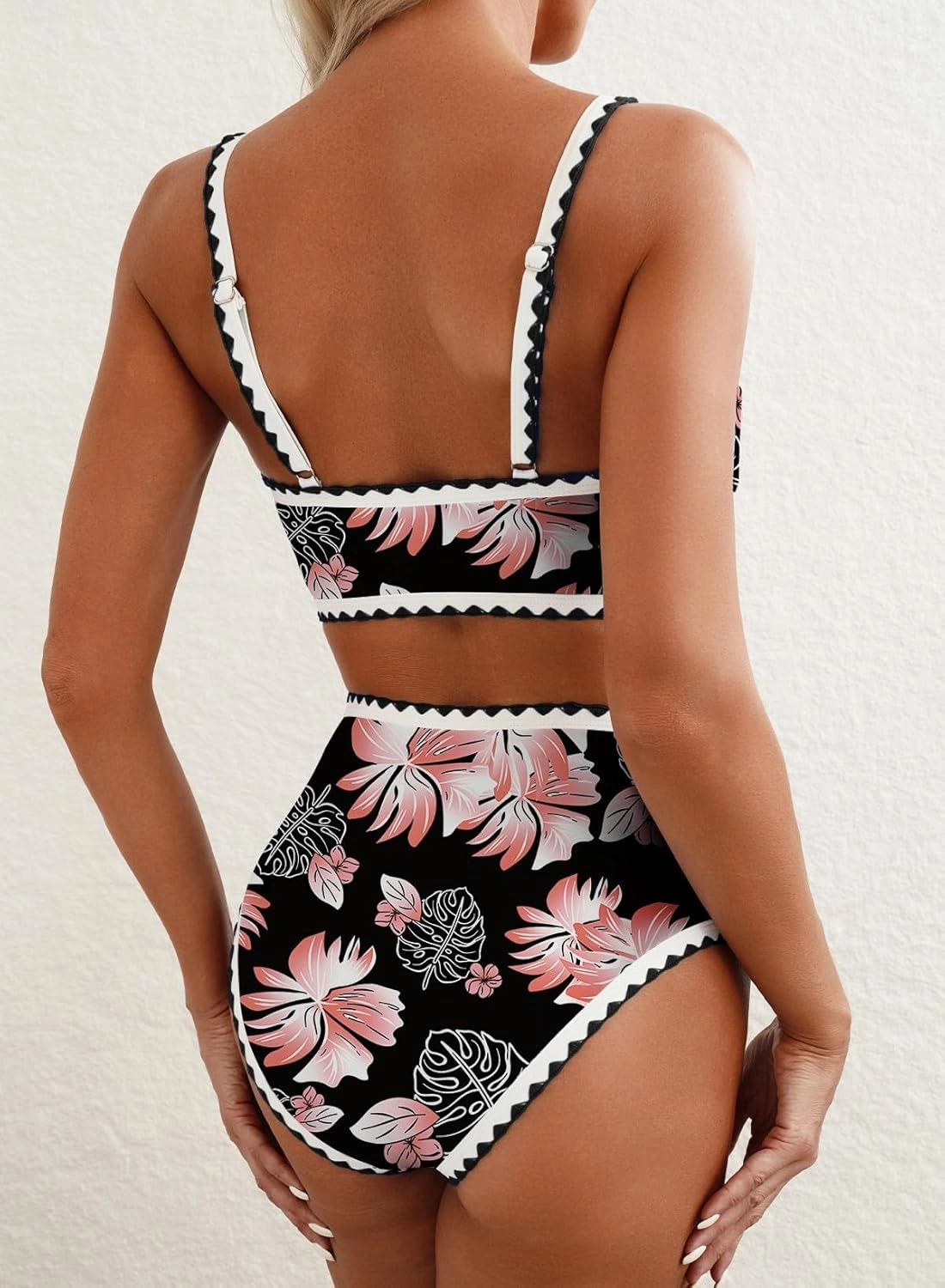 Herseas Women's Bikini Sets Floral Print Whip Stitch 2 Piece Swimsuits High Waisted Scoop Bathing Suits
