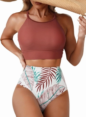 Herseas Women's Bikini Sets High Neck Tropical Leaf Print High Waisted Two Pieces Swimsuits Bathing Suits