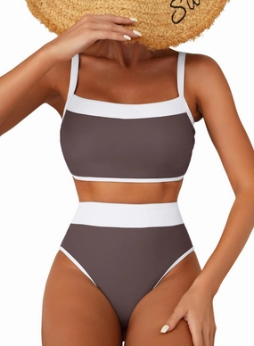 Herseas Women's Two Tone Patchwork Bikini Sets U Neck Swimsuit High Waisted Bathing Suit