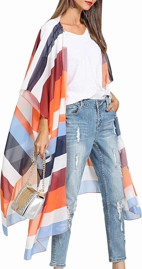 Hibluco Women's Long Floral Kimono Printed Cardigan Sheer Swimsuit Cover Ups