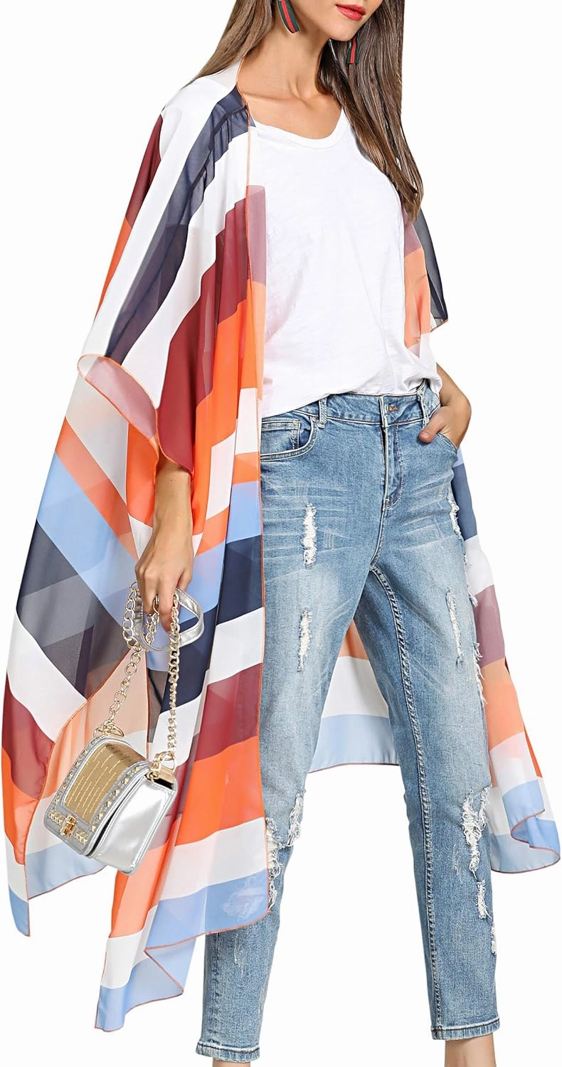 Hibluco Women's Long Floral Kimono Printed Cardigan Sheer Swimsuit Cover Ups
