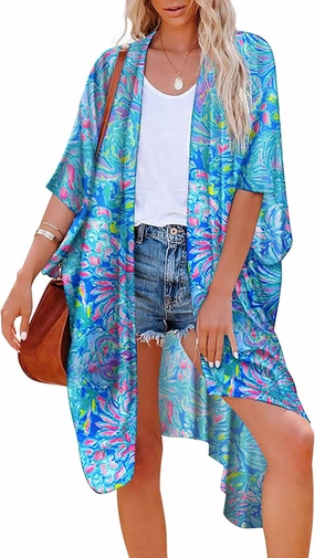 Hibluco Women's Long Floral Kimono Printed Cardigan Sheer Swimsuit Cover Ups