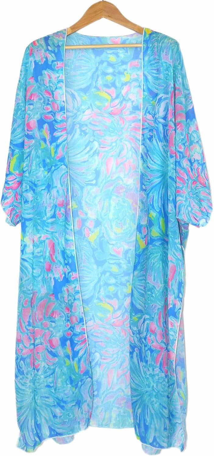 Hibluco Women's Long Floral Kimono Printed Cardigan Sheer Swimsuit Cover Ups