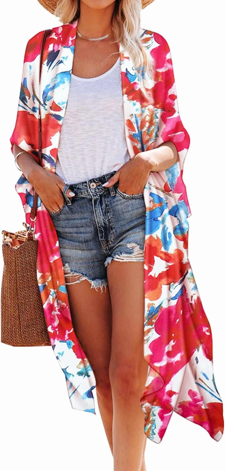 Hibluco Women's Summer Chiffon Floral Kimono Cardigan Long Swimwear Cover Ups
