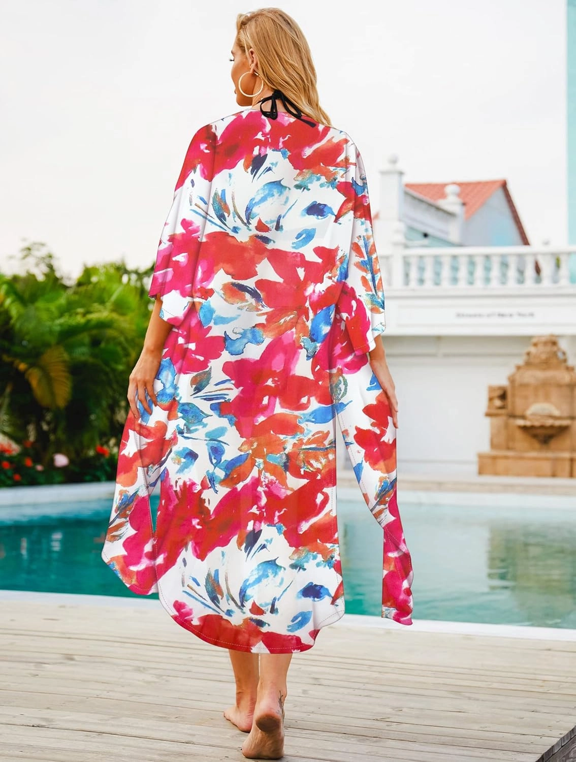 Hibluco Women's Summer Chiffon Floral Kimono Cardigan Long Swimwear Cover Ups
