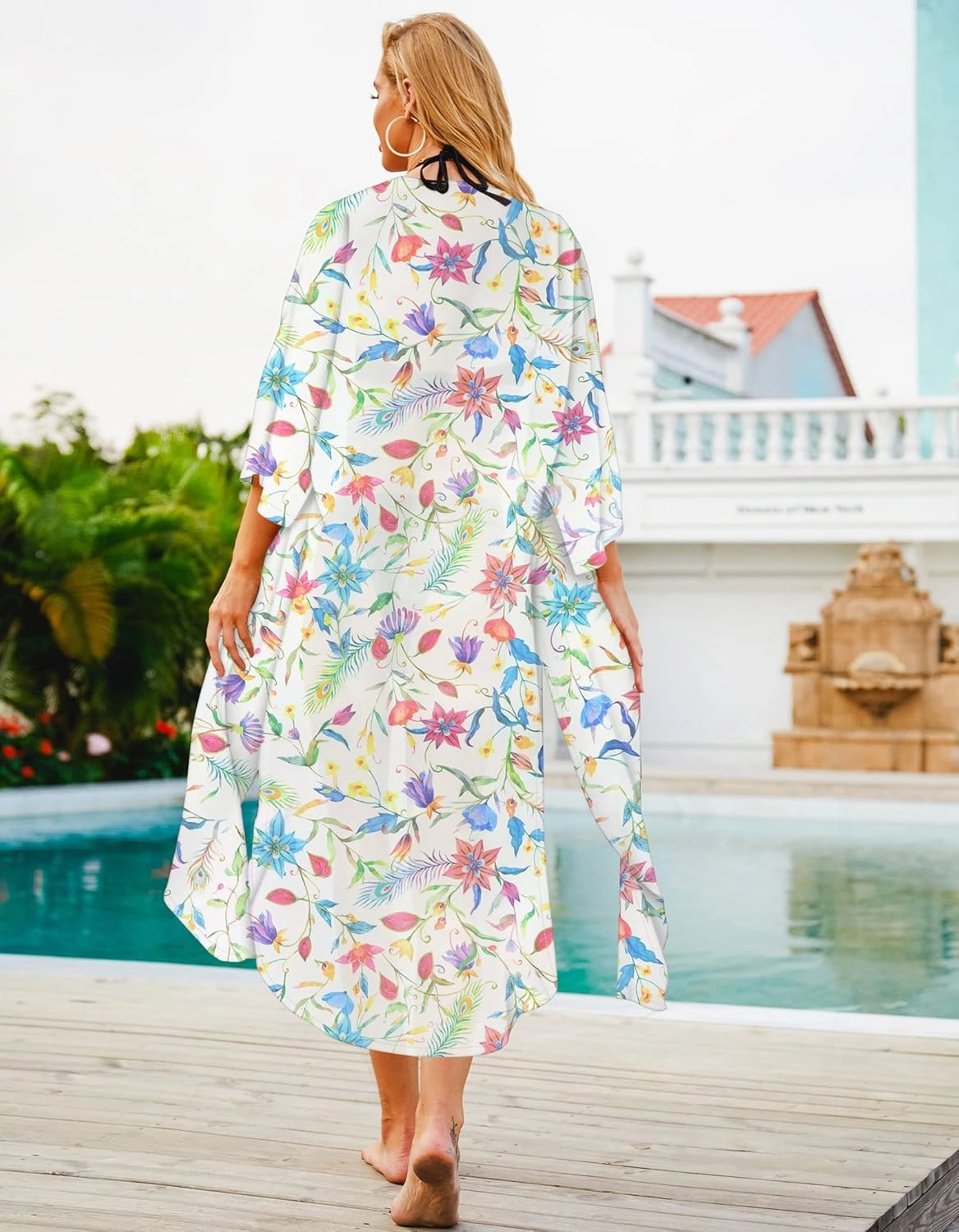 Hibluco Women's Summer Chiffon Floral Kimono Cardigan Long Swimwear Cover Ups
