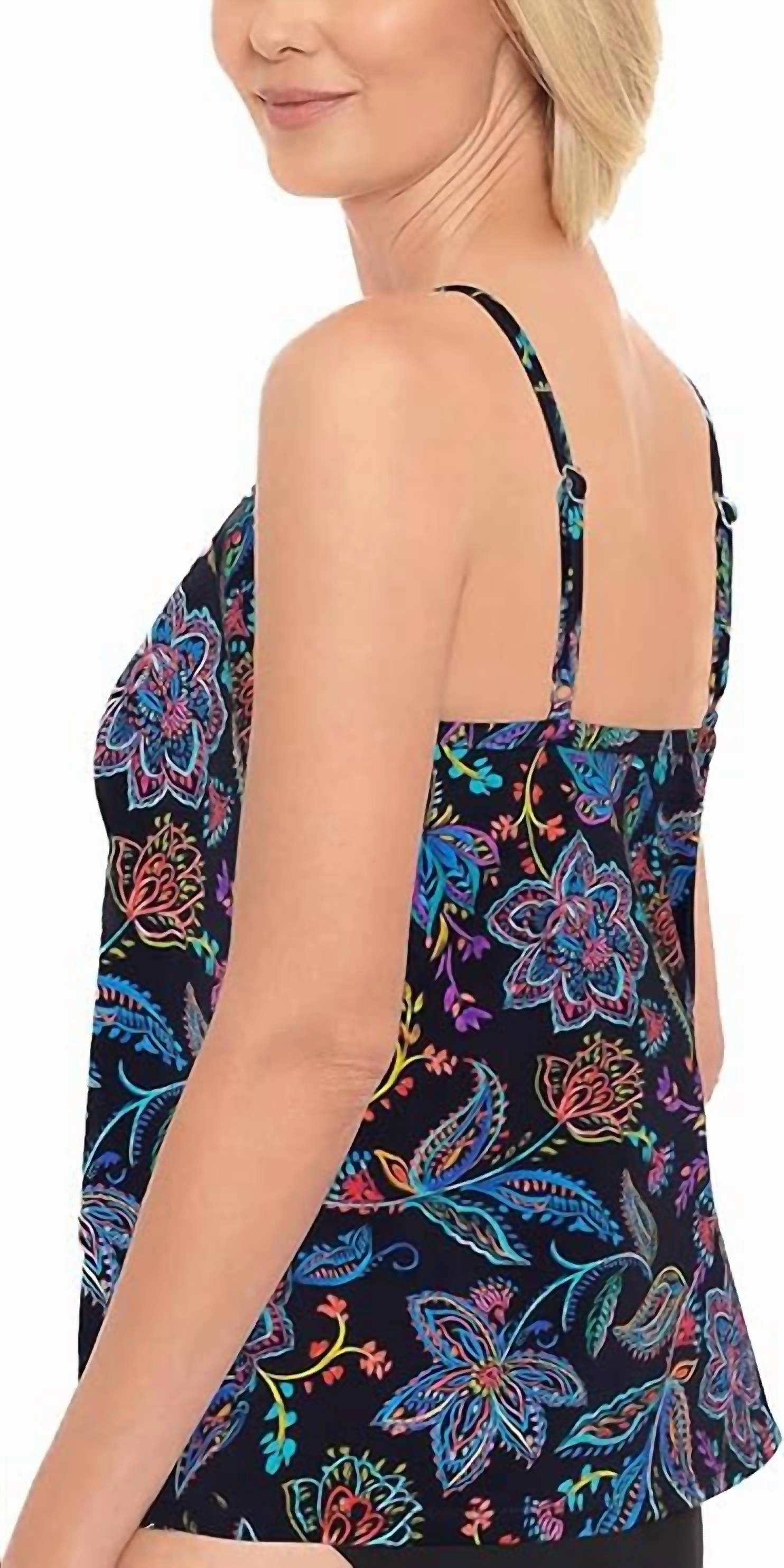 High Neck Underwire Tankini Top In Black/multi