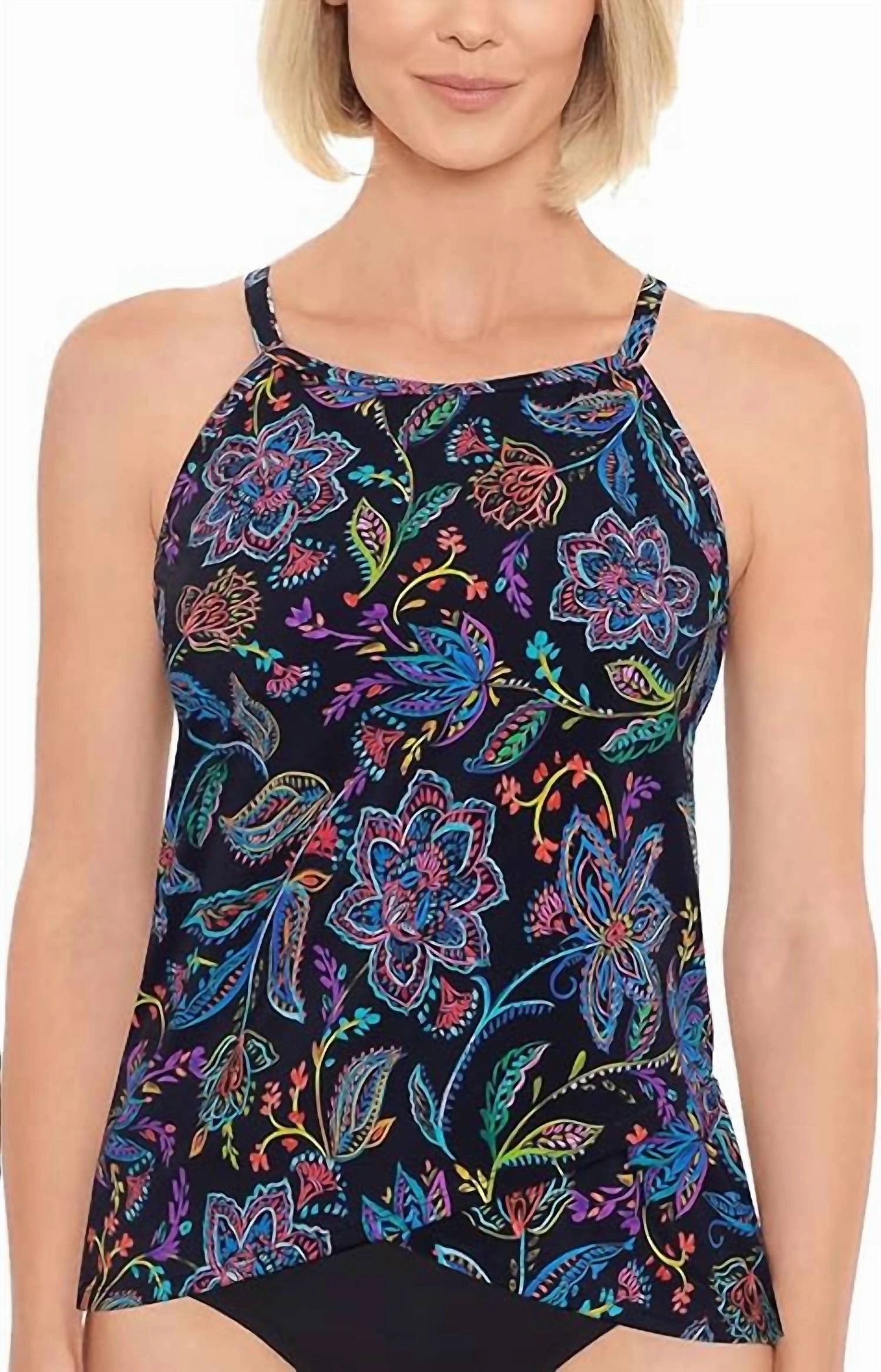 High Neck Underwire Tankini Top In Black/multi