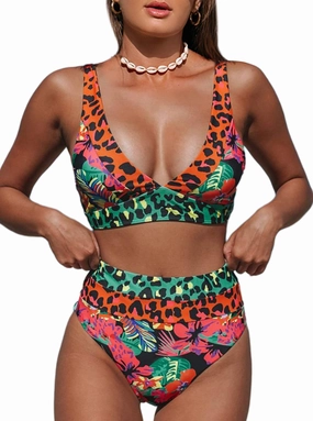 Hilinker Women's Leopard Bikini Swimsuits V Neck High Waisted 2 Piece Bathing Suits