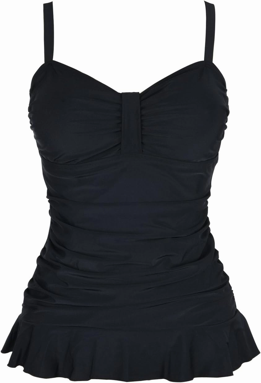 Hilor Women's 50's Retro Ruched Tankini Swimsuit Top with Ruffle Hem Bathing Suit Top Tummy Control Swim Tops