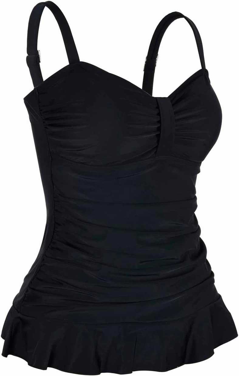 Hilor Women's 50's Retro Ruched Tankini Swimsuit Top with Ruffle Hem Bathing Suit Top Tummy Control Swim Tops